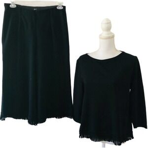 Lemmie For Nina Leonard Black 2-Piece Knit Top Pants Fringe Sz Petite Large